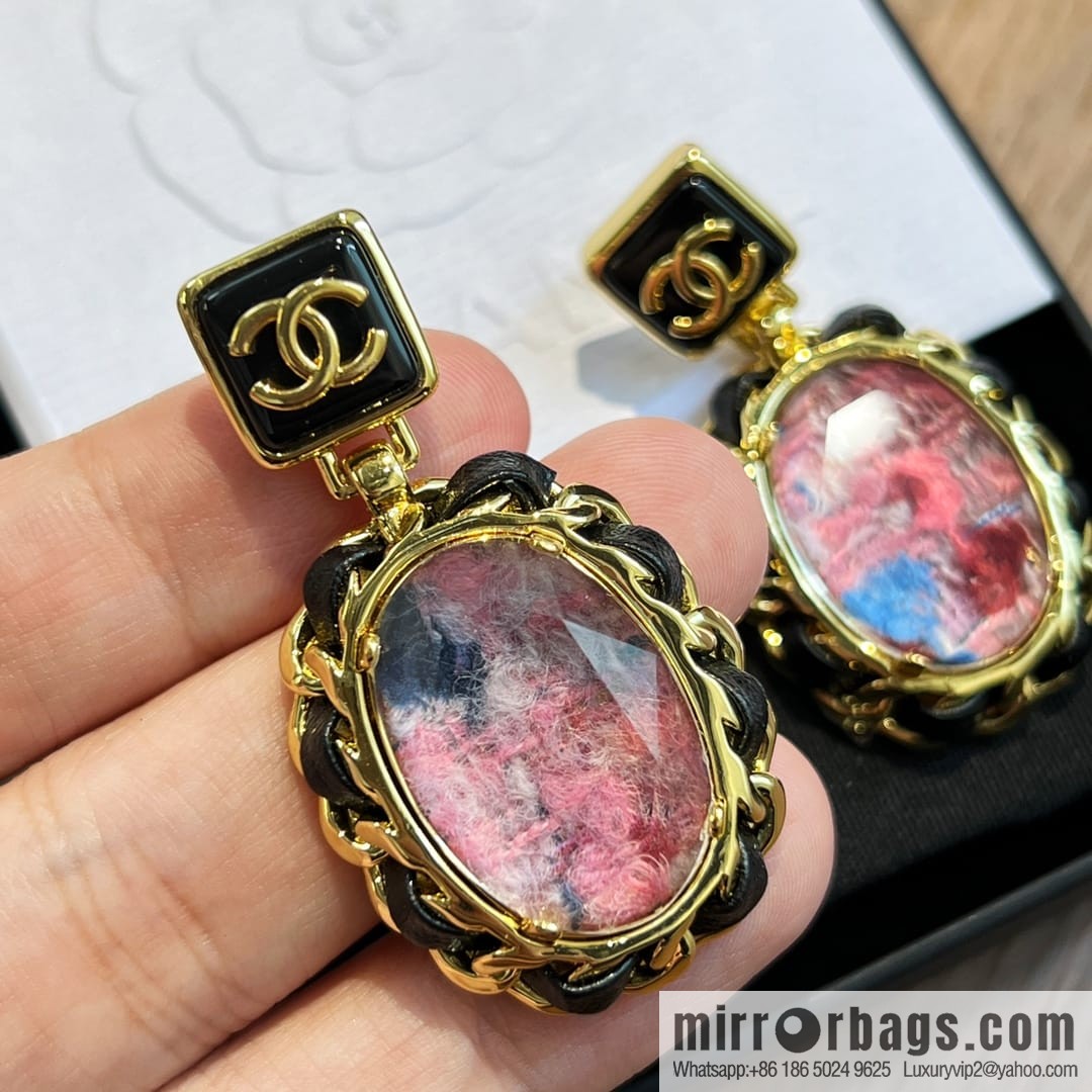 New ☑️ Chanel pink gemstone black leather rope stud earrings