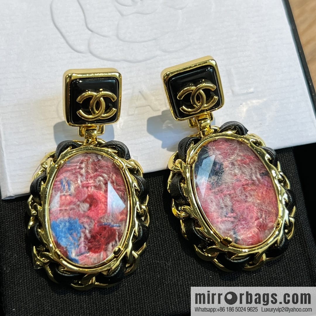 New ☑️ Chanel pink gemstone black leather rope stud earrings