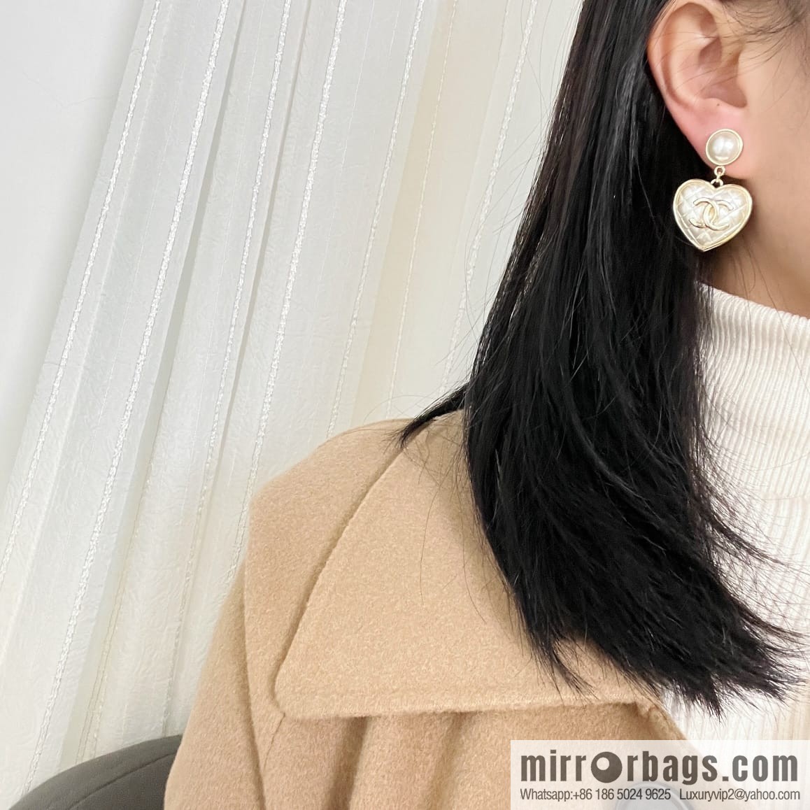 New ☑️ Chanel c2 double c rhombus peach heart love stud earrings