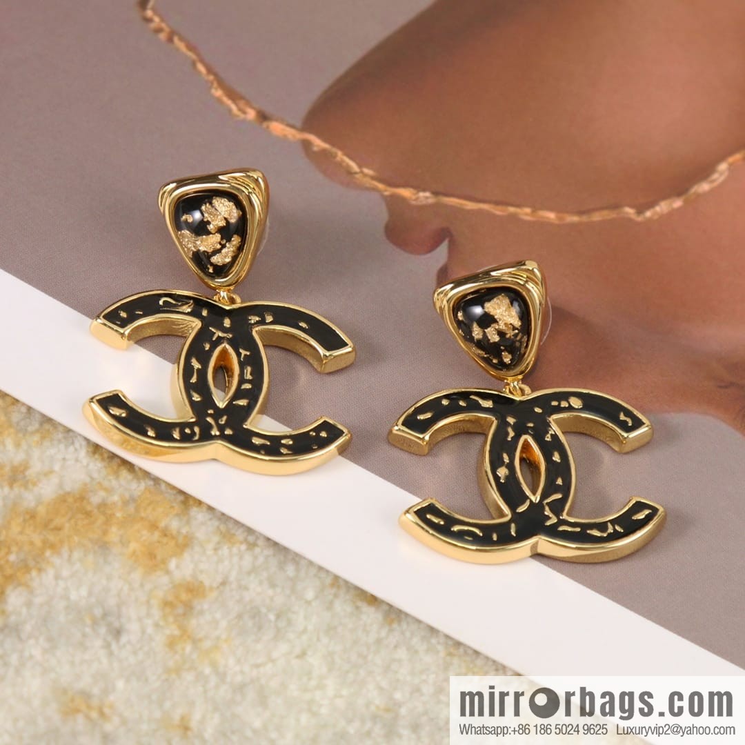 New ☑️ Chanel c2 double c triangle gold edge stud earrings