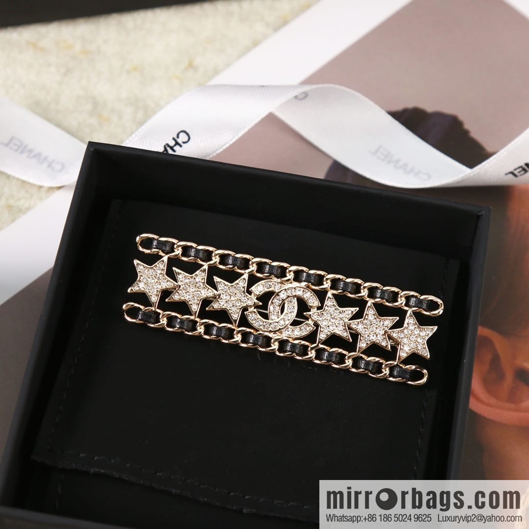 New ☑️ Chanel full diamond double c star black leather rope brooch