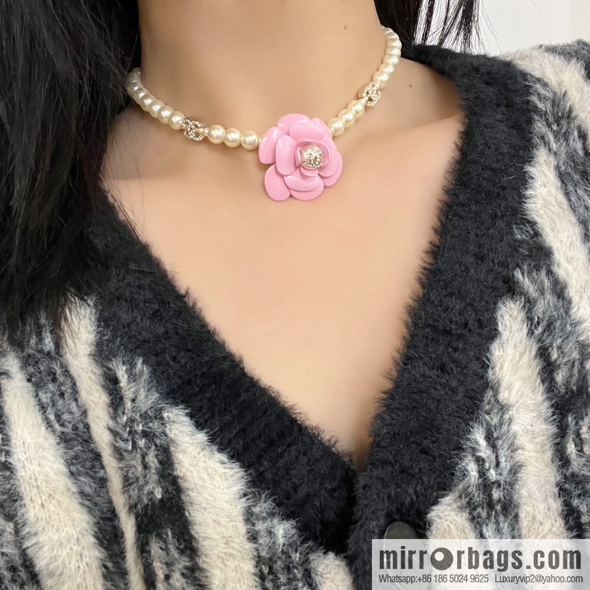 New ☑️ Chanel Double C Pink Camellia Pearl Necklace