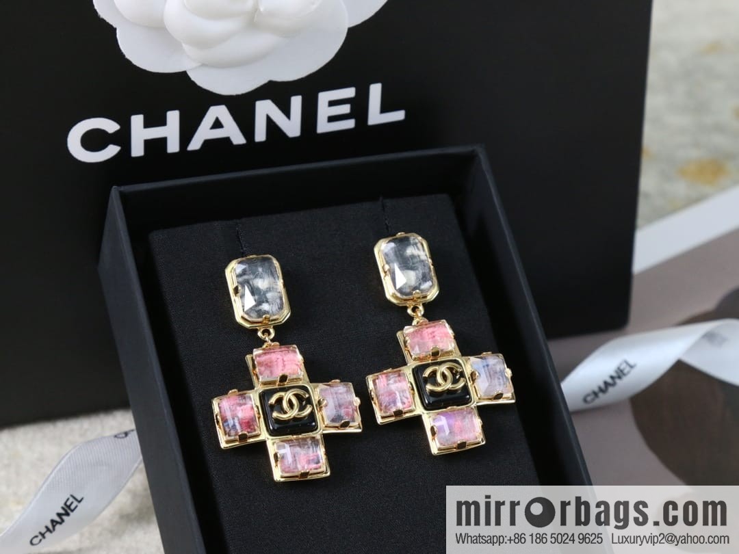 New ☑️ Chanel c2 double c pink diamond cross earrings
