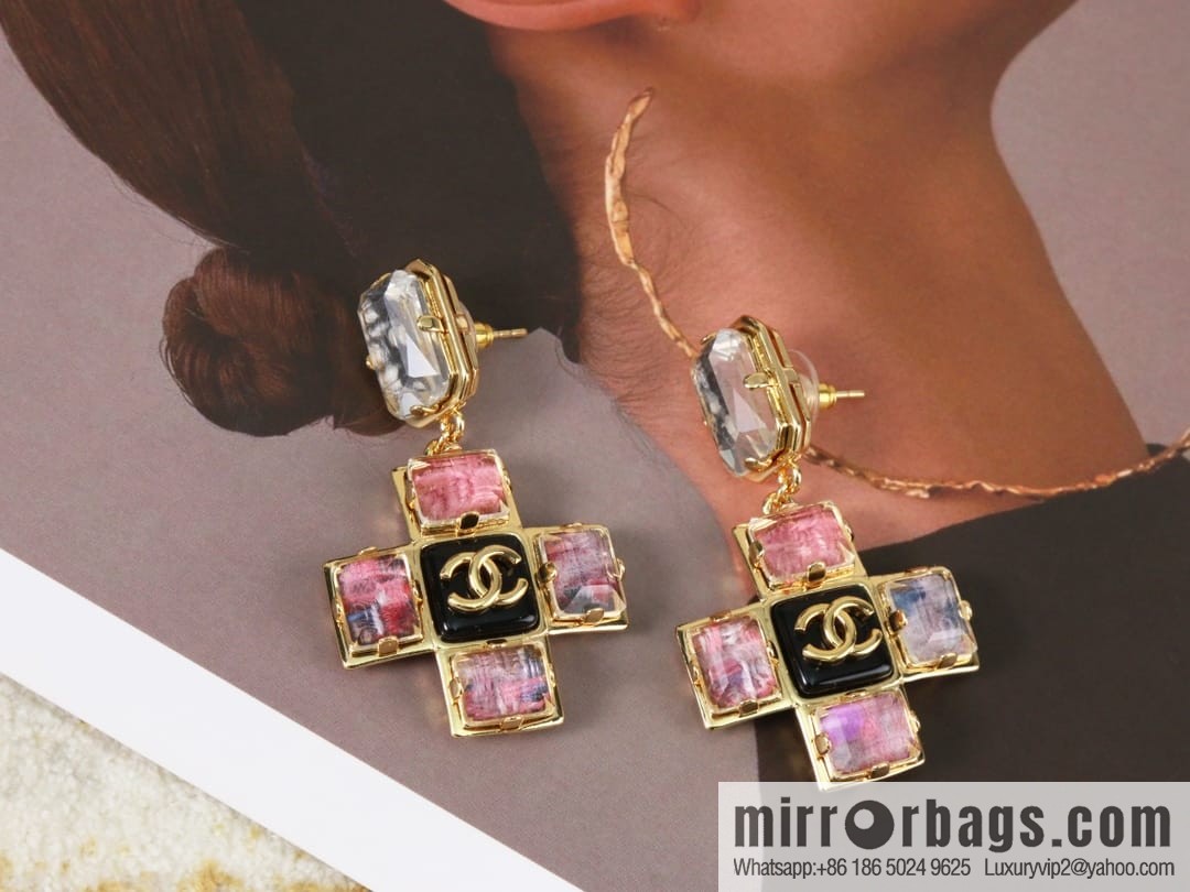 New ☑️ Chanel c2 double c pink diamond cross earrings