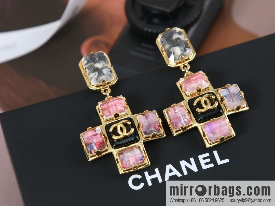 New ☑️ Chanel c2 double c pink diamond cross earrings