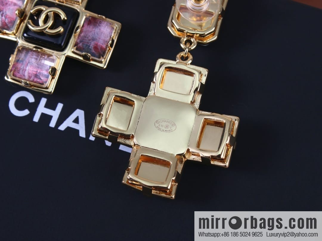 New ☑️ Chanel c2 double c pink diamond cross earrings