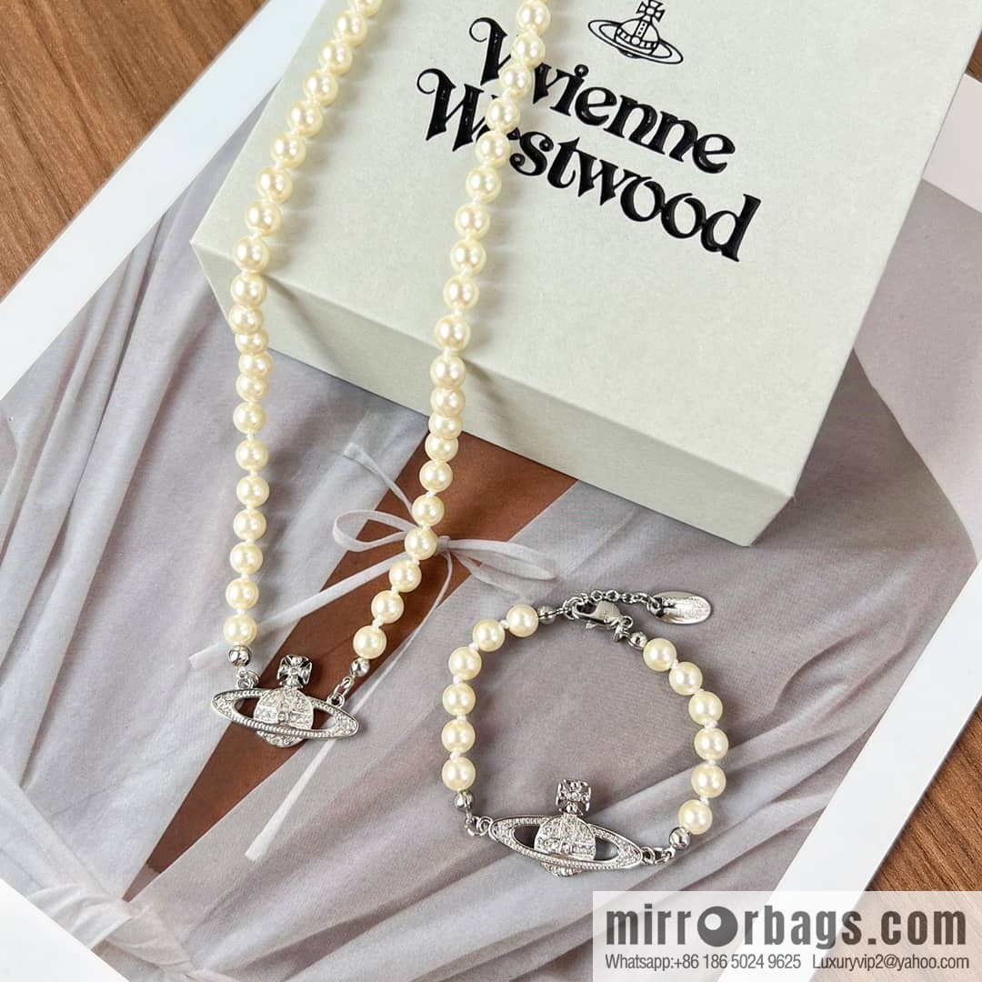 New ☑️ Vivienne Westwood Empress Dowager Full Diamond Saturn Pearl Necklace Bracelet