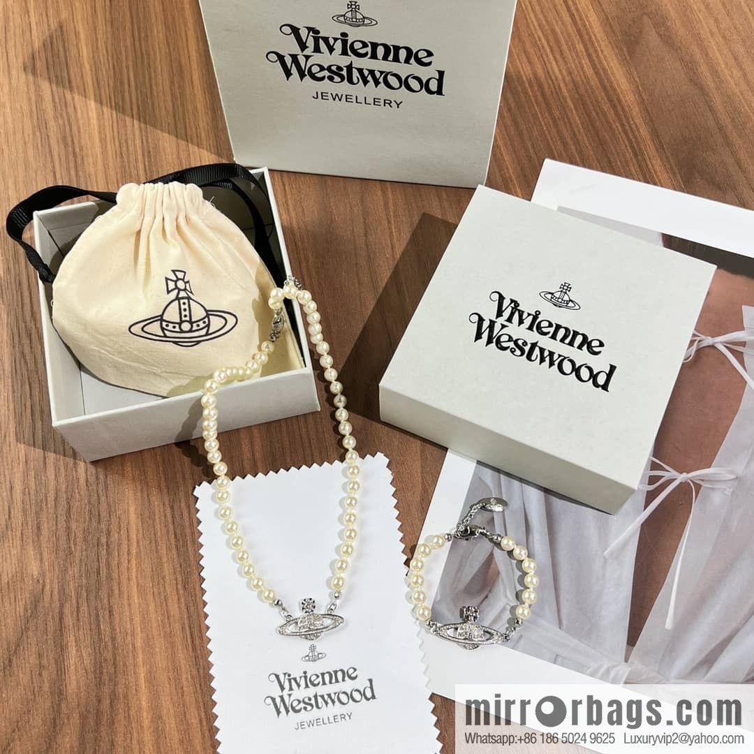 New ☑️ Vivienne Westwood Empress Dowager Full Diamond Saturn Pearl Necklace Bracelet