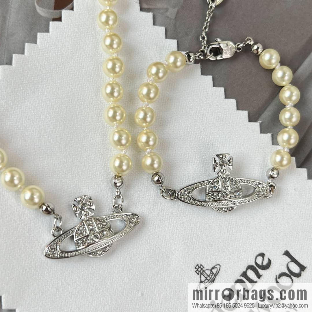 New ☑️ Vivienne Westwood Empress Dowager Full Diamond Saturn Pearl Necklace Bracelet
