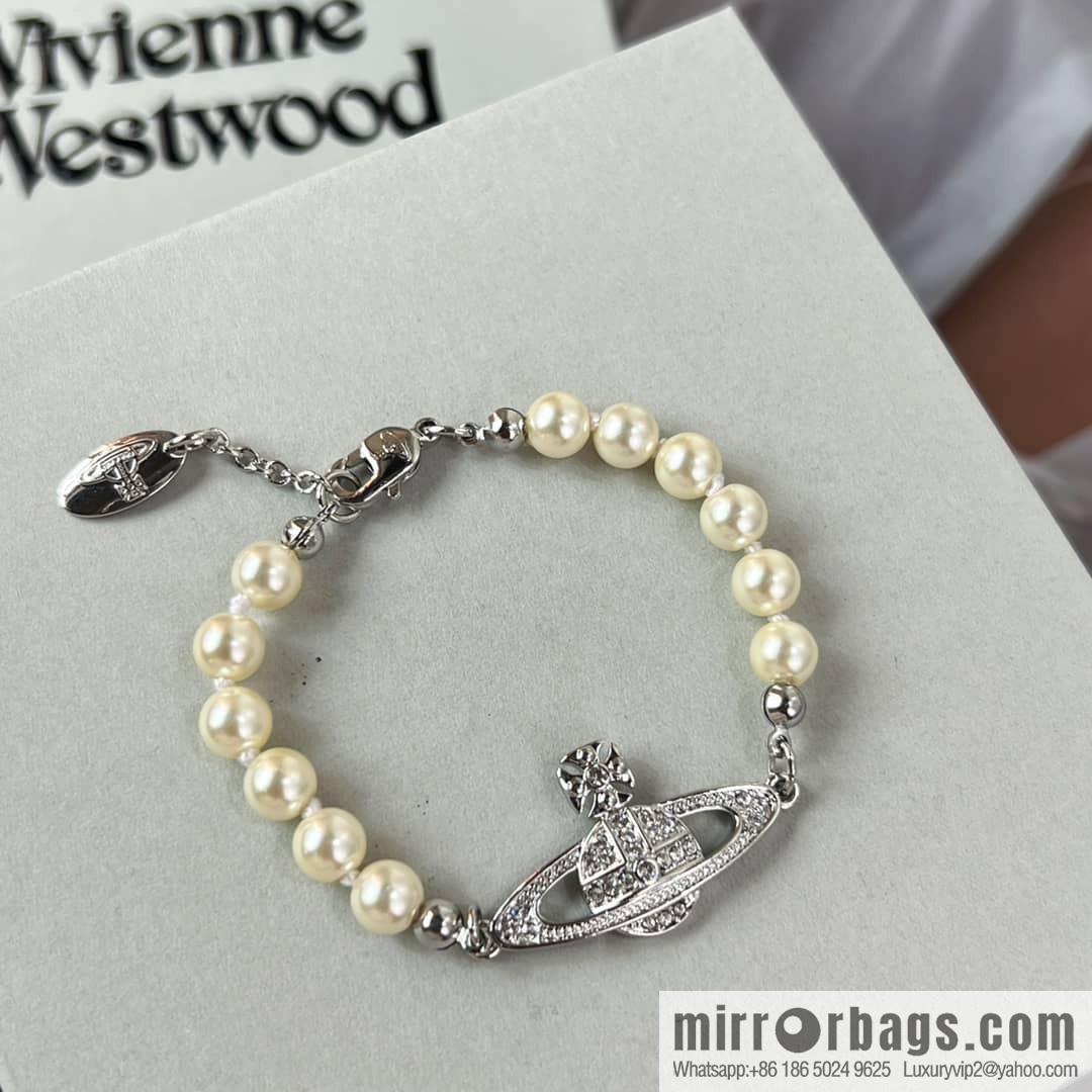 New ☑️ Vivienne Westwood Empress Dowager Full Diamond Saturn Pearl Necklace Bracelet