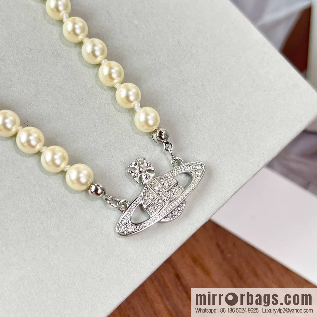 New ☑️ Vivienne Westwood Empress Dowager Full Diamond Saturn Pearl Necklace Bracelet