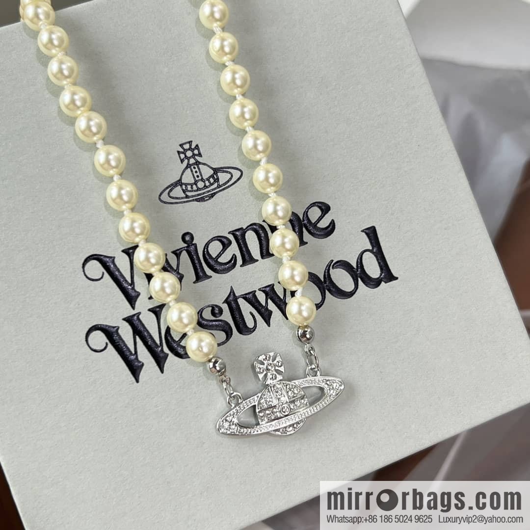 New ☑️ Vivienne Westwood Empress Dowager Full Diamond Saturn Pearl Necklace Bracelet