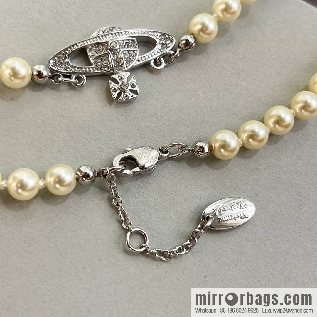 New ☑️ Vivienne Westwood Empress Dowager Full Diamond Saturn Pearl Necklace Bracelet
