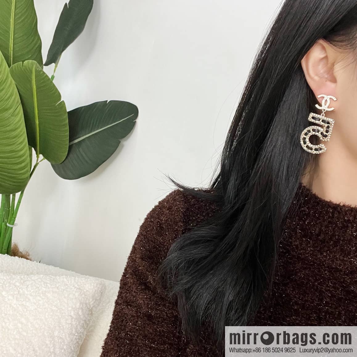 New ☑️ Chanel C2 double c5 character black leather rope stud earrings