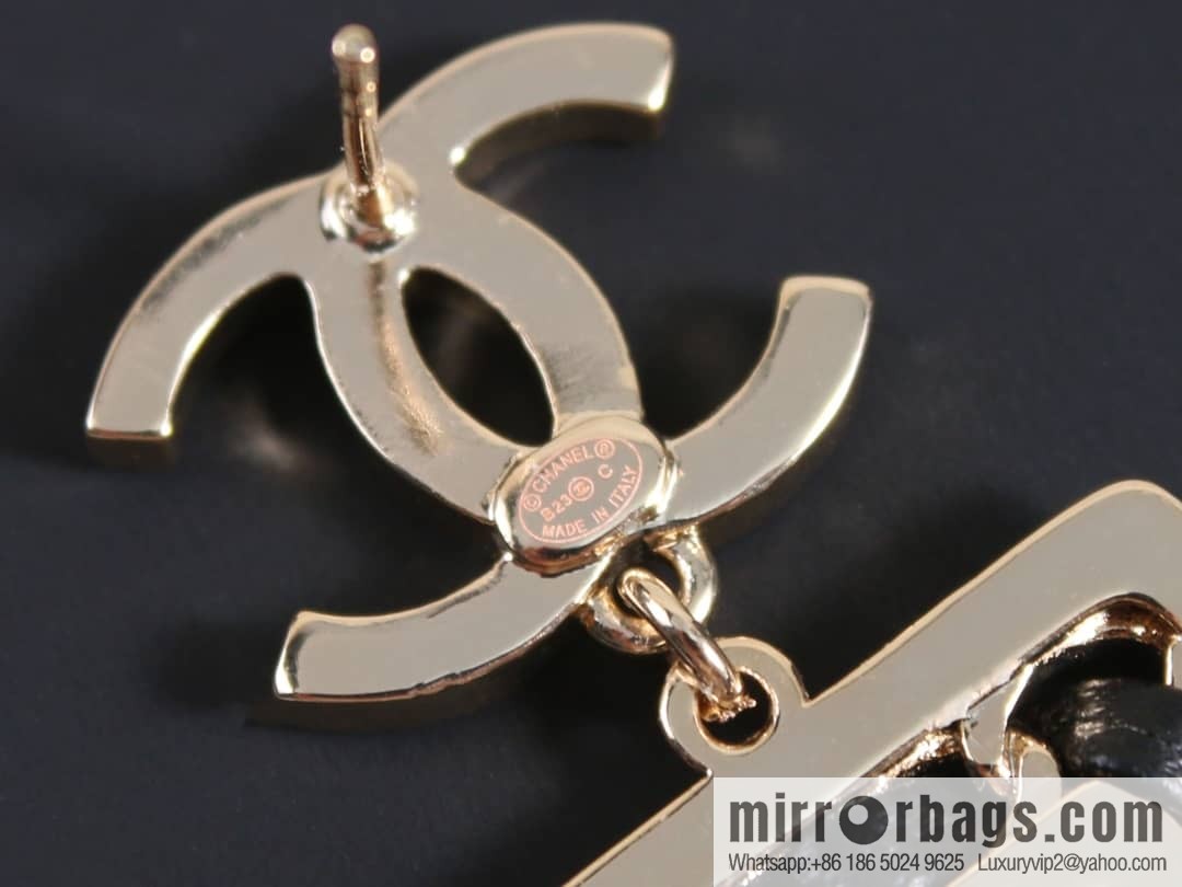 New ☑️ Chanel C2 double c5 character black leather rope stud earrings