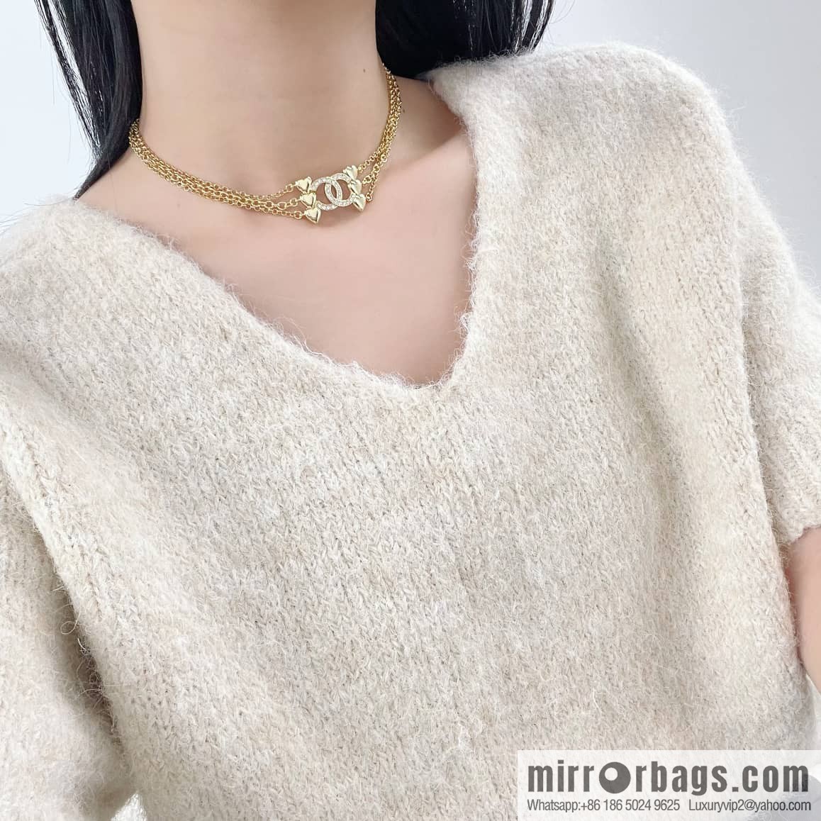 New ☑️ Chanel gold double c love peach heart three-layer necklace