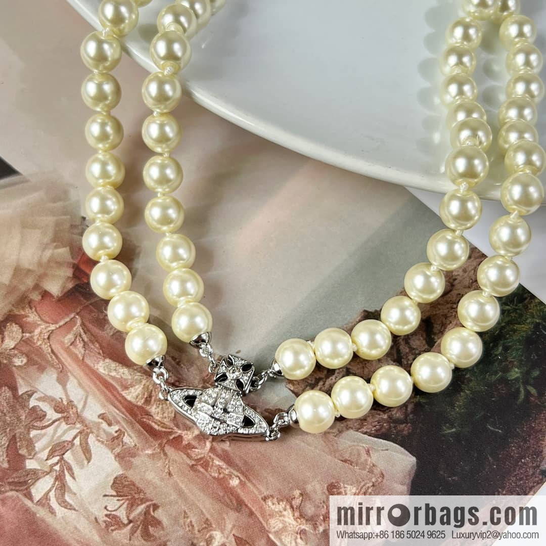 New ☑️ Vivienne Westwood Queen Mother Full Diamond Saturn Pearl Necklace