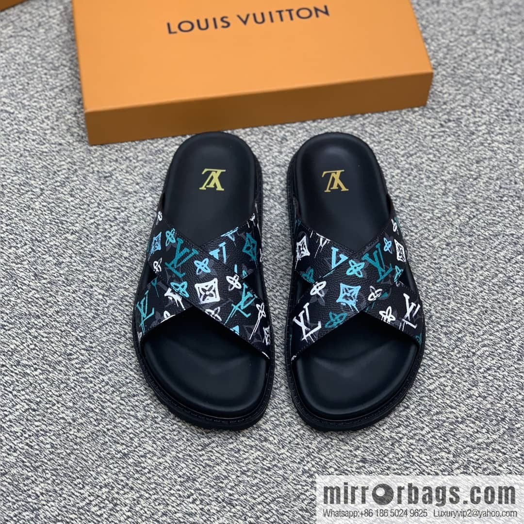 LV/Louis Vuitton features classic PVC men's sandals with black outsoles
