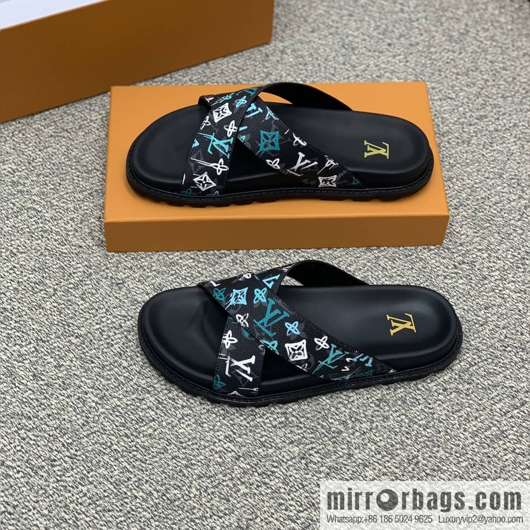 LV/Louis Vuitton features classic PVC men's sandals with black outsoles