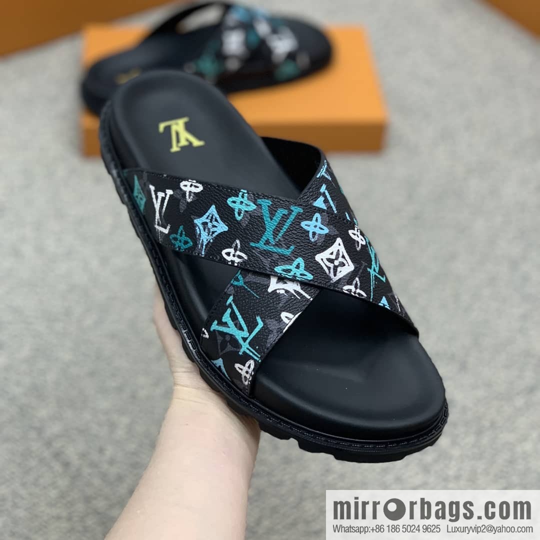LV/Louis Vuitton features classic PVC men's sandals with black outsoles