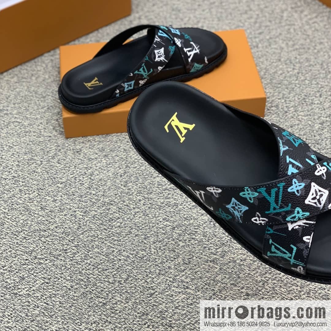 LV/Louis Vuitton features classic PVC men's sandals with black outsoles