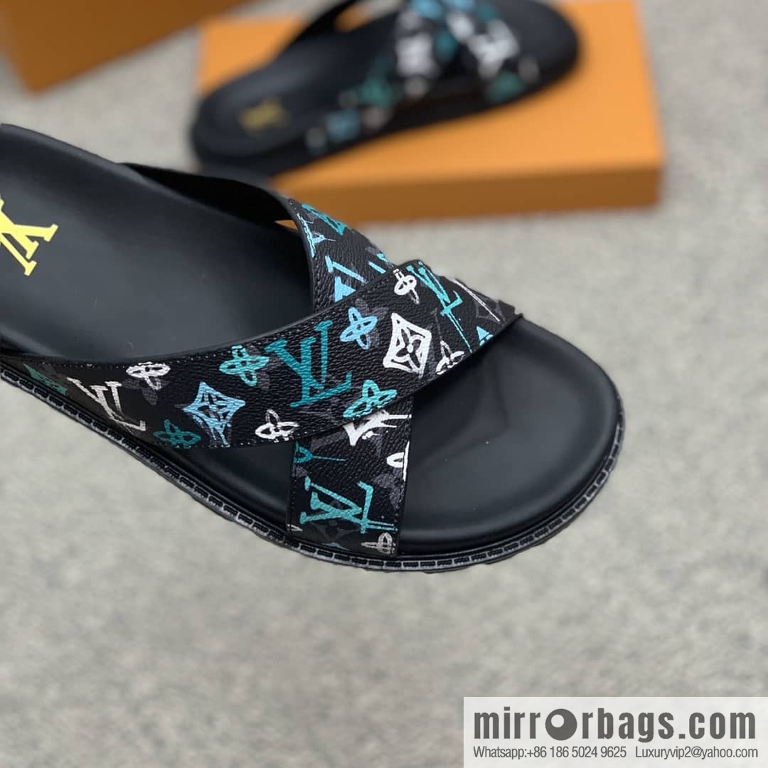 LV/Louis Vuitton features classic PVC men's sandals with black outsoles