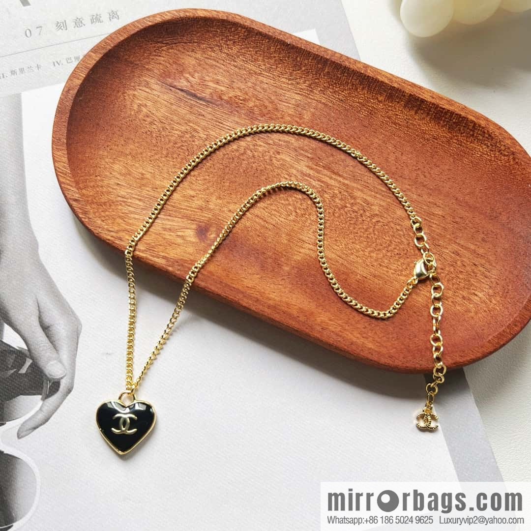 Chanel double c black peach heart love necklace