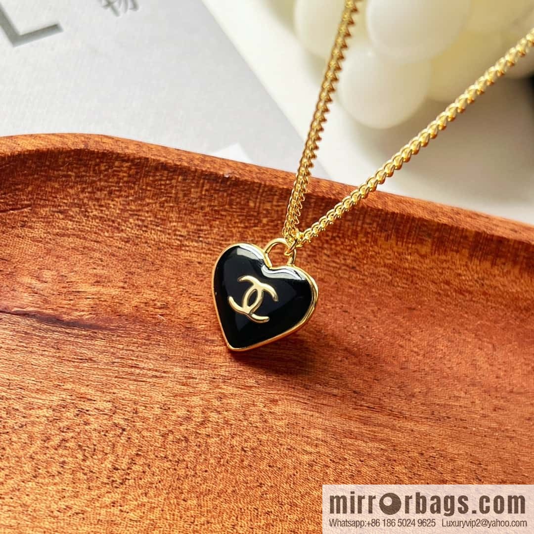 Chanel double c black peach heart love necklace