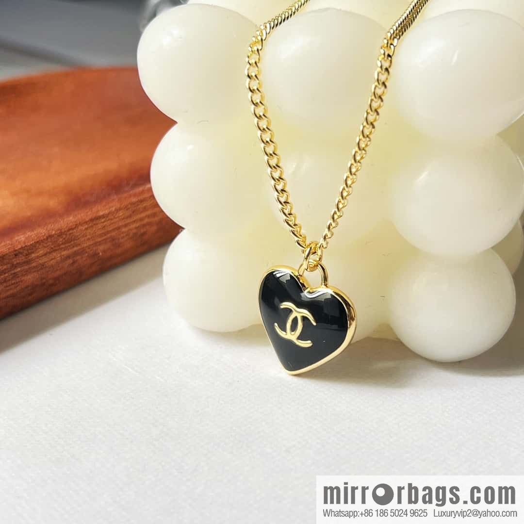 Chanel double c black peach heart love necklace