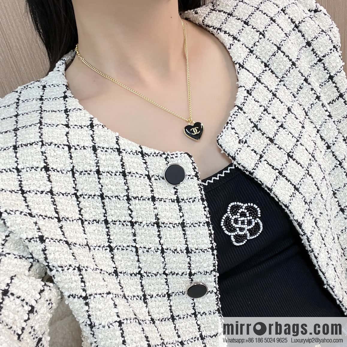 Chanel double c black peach heart love necklace