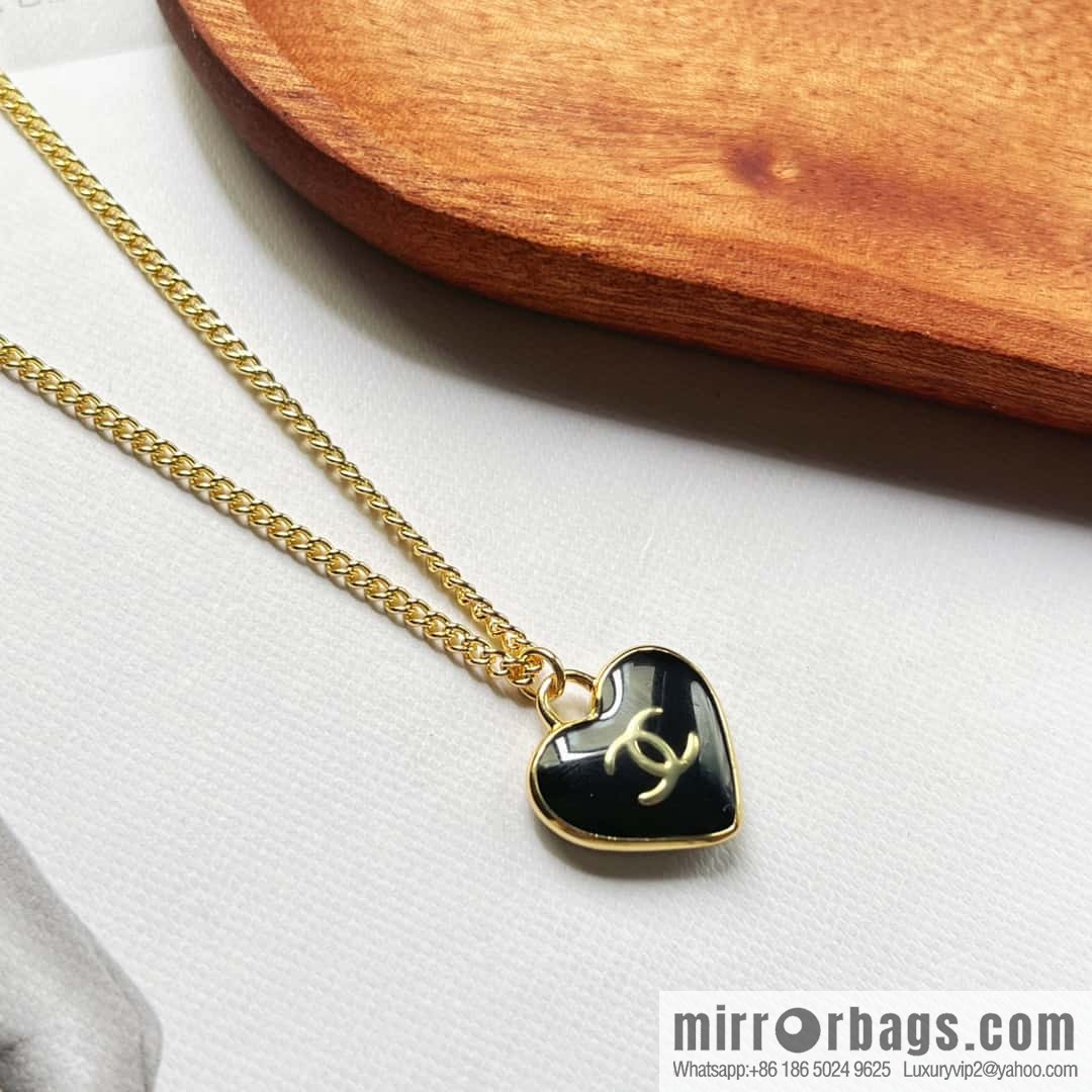 Chanel double c black peach heart love necklace