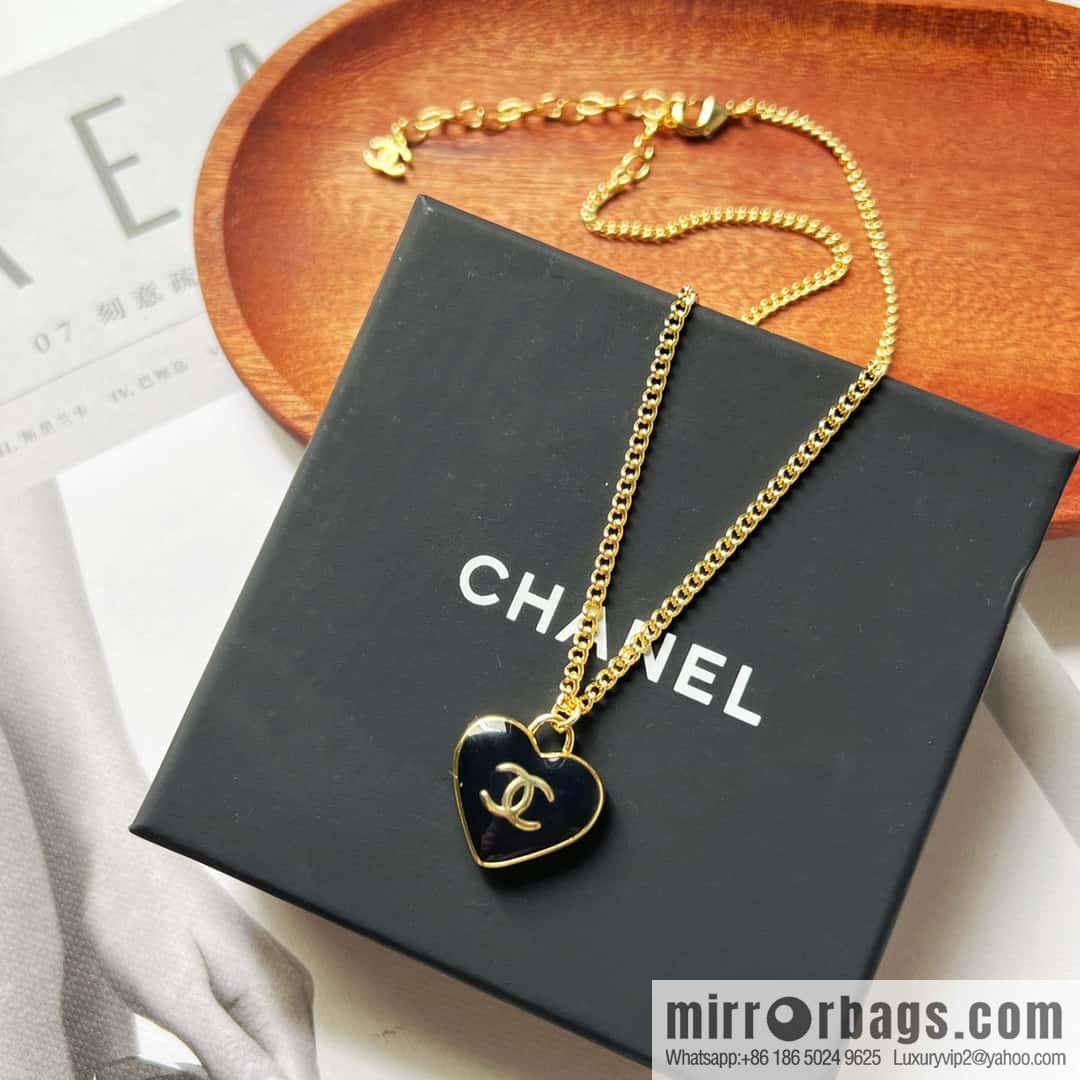 Chanel double c black peach heart love necklace
