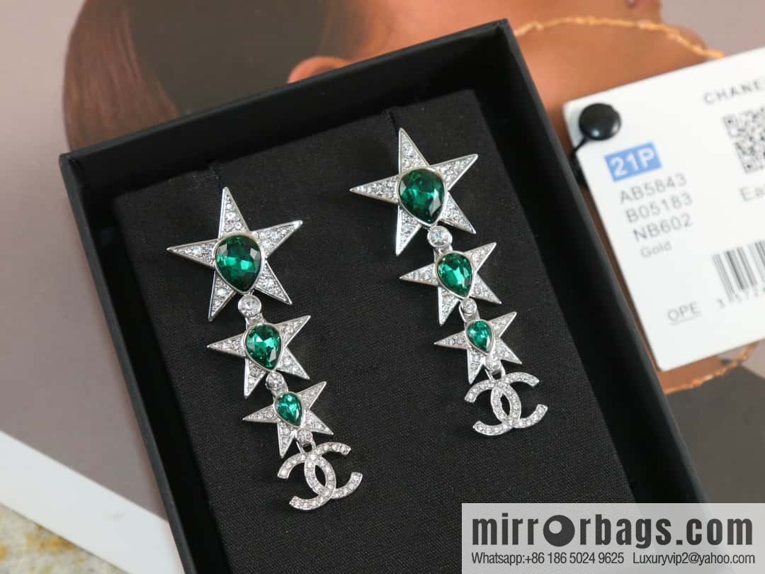 New ☑️ Chanel c4 double c full diamond emerald pentagram ⭐ star stud earrings