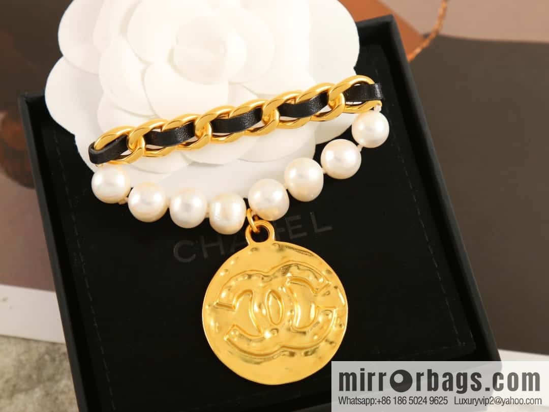 New ☑️ Chanel medieval series gold round double c pearl black leather rope brooch