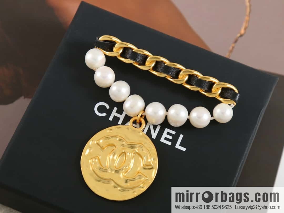 New ☑️ Chanel medieval series gold round double c pearl black leather rope brooch