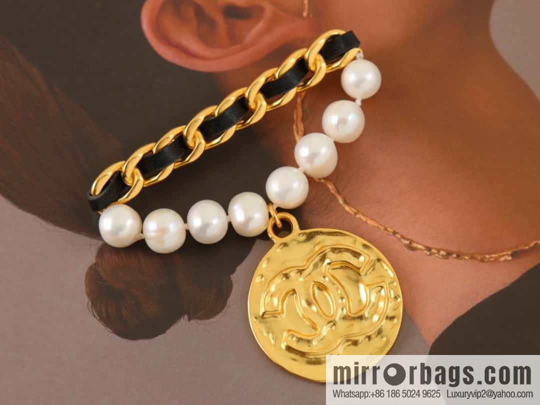 New ☑️ Chanel medieval series gold round double c pearl black leather rope brooch