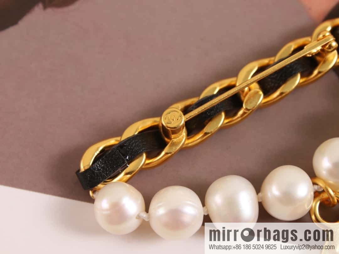 New ☑️ Chanel medieval series gold round double c pearl black leather rope brooch