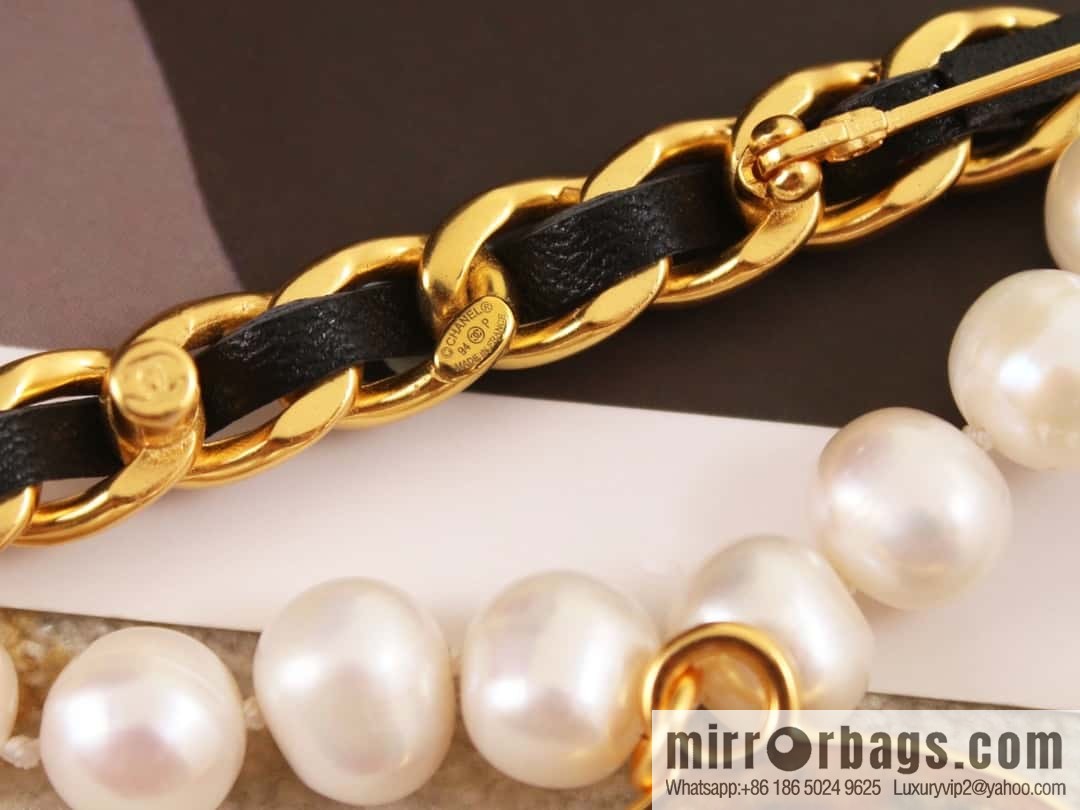 New ☑️ Chanel medieval series gold round double c pearl black leather rope brooch