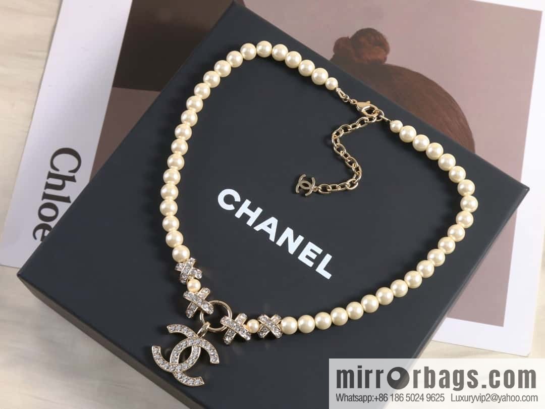 New ☑️ Chanel Double C Full Diamond Cross Pearl Necklace