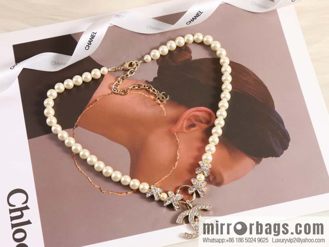 New ☑️ Chanel Double C Full Diamond Cross Pearl Necklace