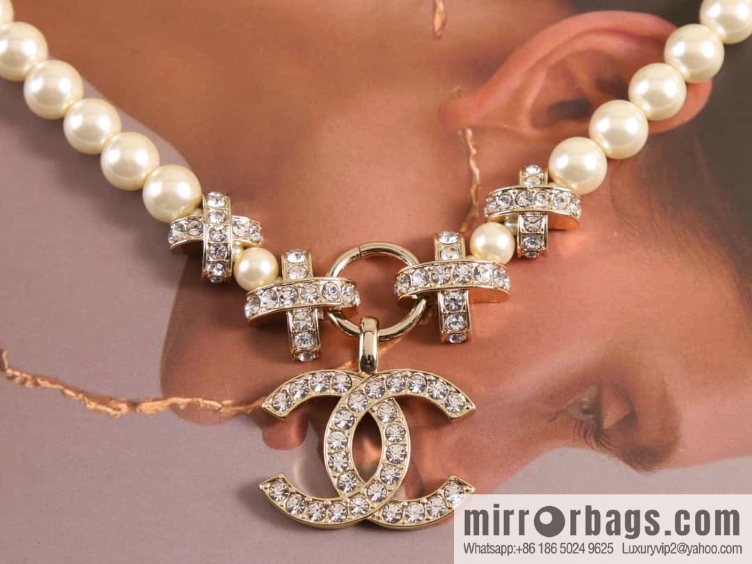 New ☑️ Chanel Double C Full Diamond Cross Pearl Necklace