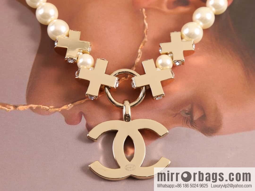 New ☑️ Chanel Double C Full Diamond Cross Pearl Necklace