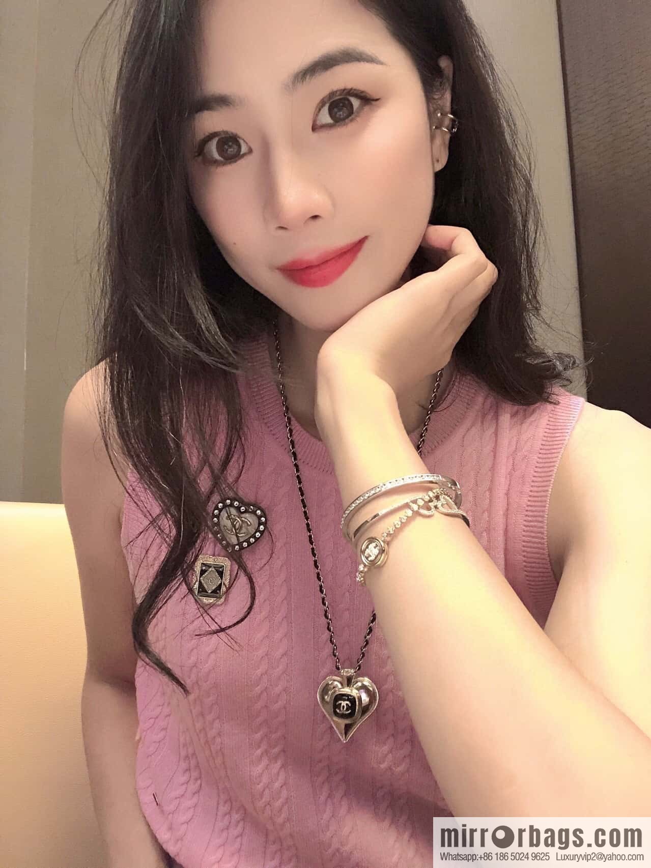 New Chanel double c peach heart black leather rope necklace