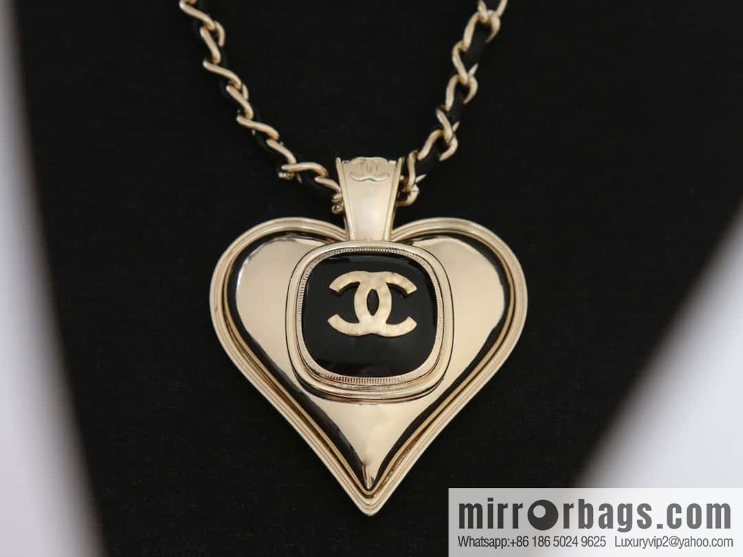 New Chanel double c peach heart black leather rope necklace