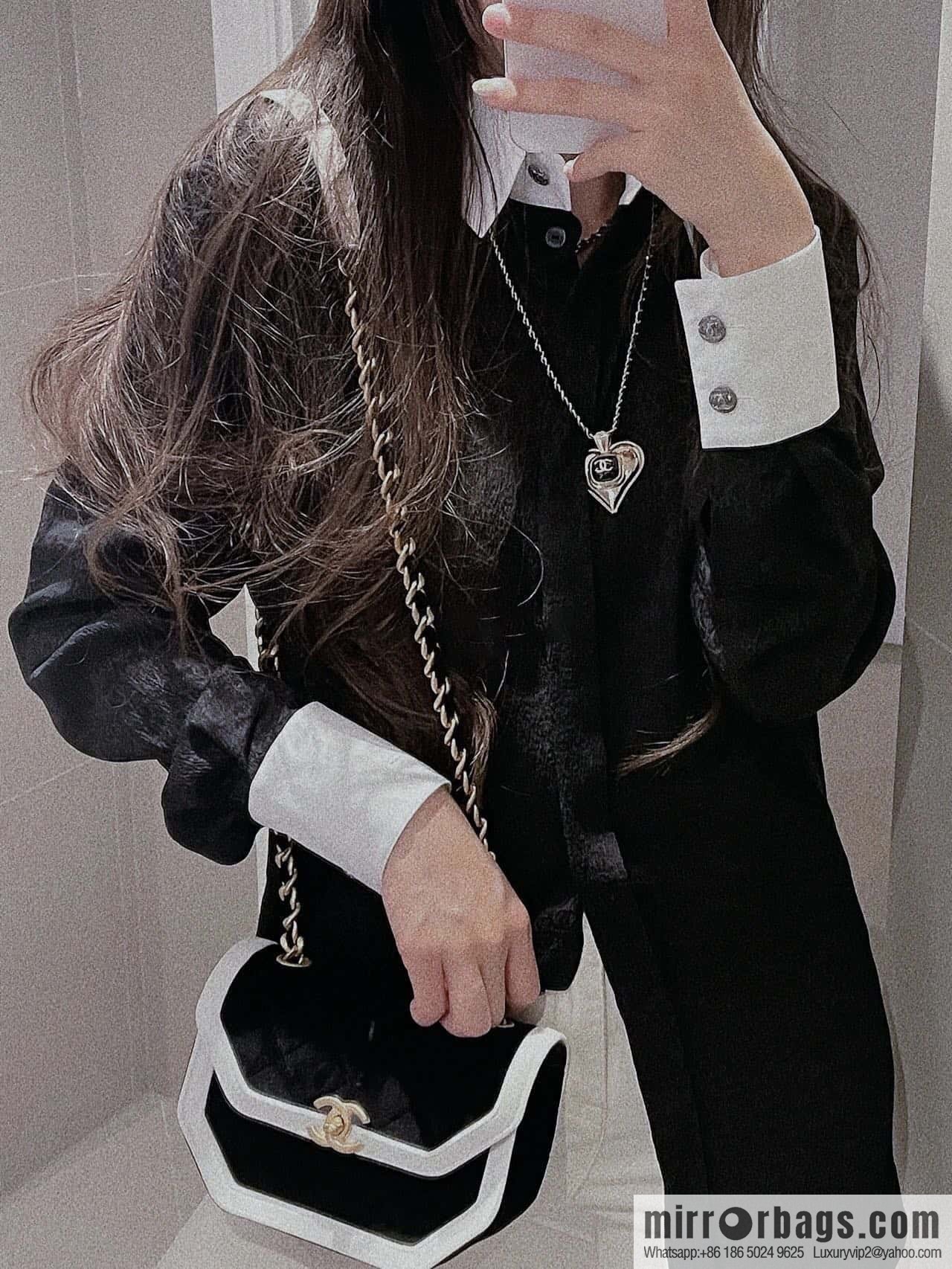 New Chanel double c peach heart black leather rope necklace