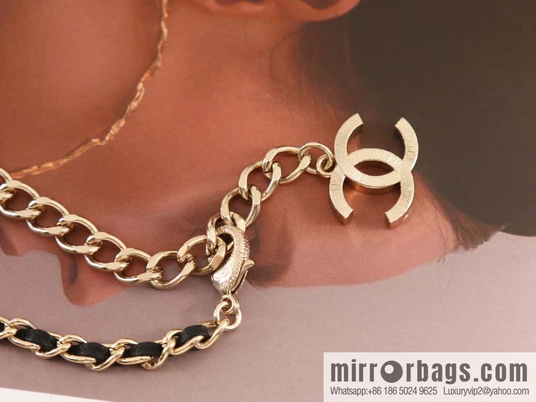 New Chanel double c peach heart black leather rope necklace