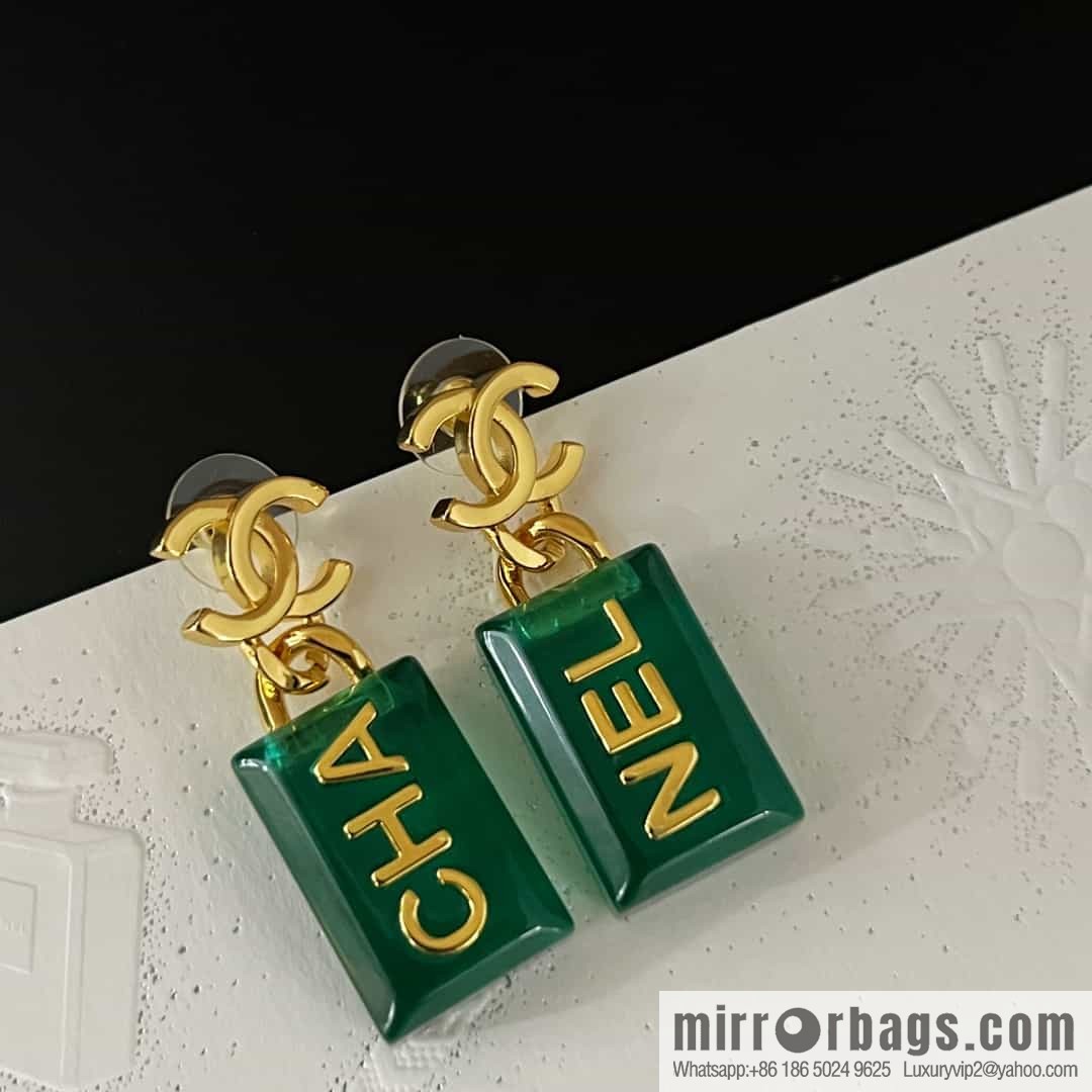 New ☑️ Chanel C2 double c green square stud earrings
