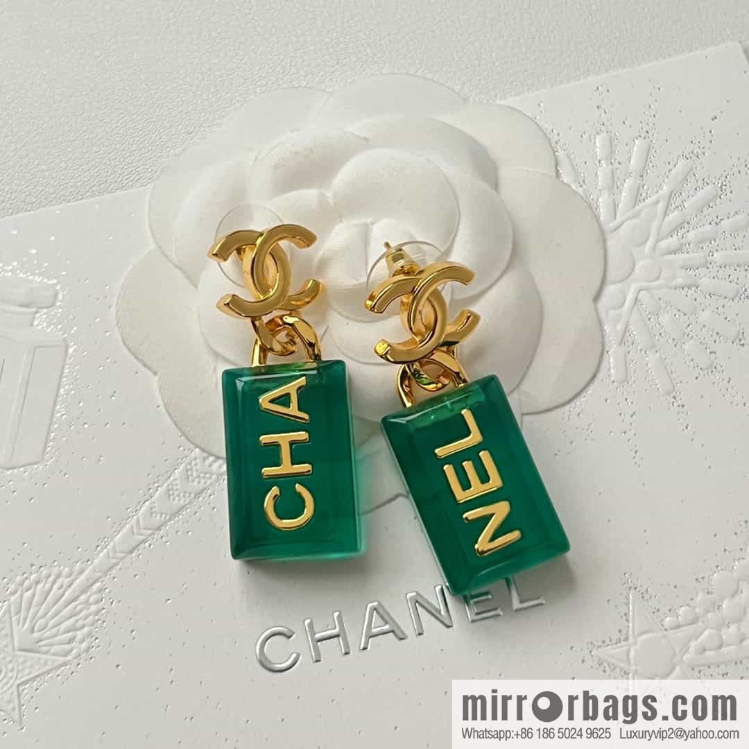 New ☑️ Chanel C2 double c green square stud earrings
