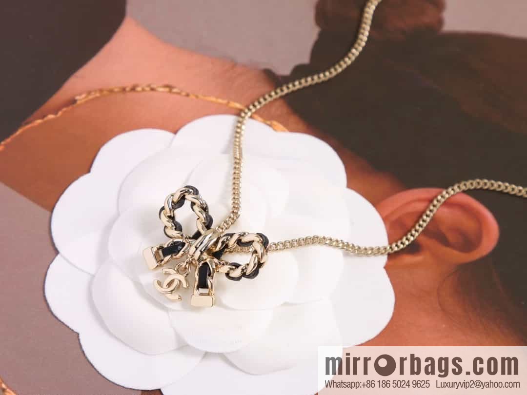 New ☑️ Chanel double c black leather rope bow necklace