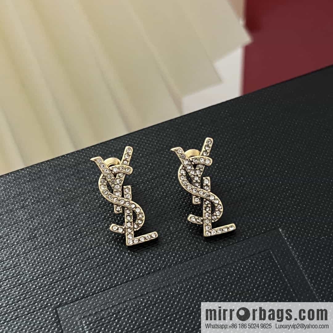 Saint Laurent gold YSL full diamond stud earrings